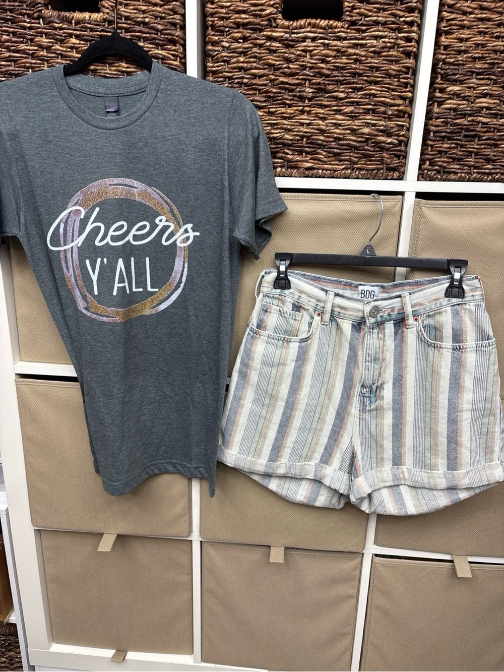 BDG Striped Denim Shorts with Grey "Cheers Y'ALL" Graphic Tee